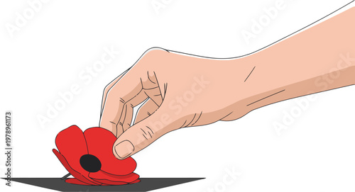 A hand gently places a poppy on a memorial. Simple, poignant illustration with a soft background. Suitable for remembrance and gratitude themes.