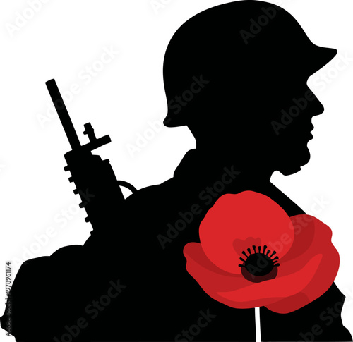 Silhouette of a soldier with poppy, symbolizing remembrance. Bold design, dark and muted tones. Perfect for memorial campaigns and honoring veterans.