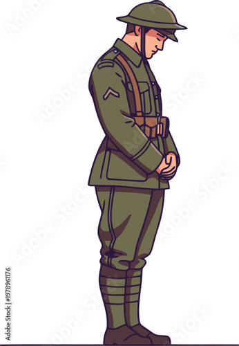 A solemn soldier in WWI uniform stands in silent honor.  Detailed illustration evokes remembrance and respect.  Suitable for historical, patriotic, and memorial themes.