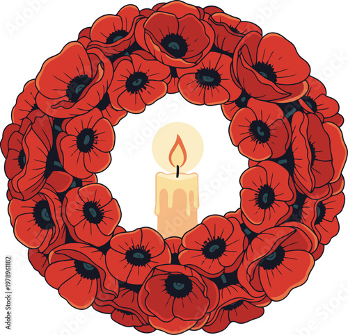 serene candle wreath adorned with poppies symbolizing quiet remembrance A single candle glows within creating a poignant and visually striking tribute Suitable for memorial or remembrance themes