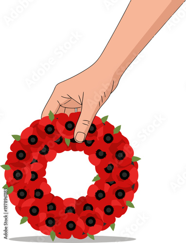 A hand gently holds a poppy wreath, symbolizing remembrance.  Clean, modern illustration with a focus on honoring veterans.  ?Hand Wreath Remember Brave? text overlay.