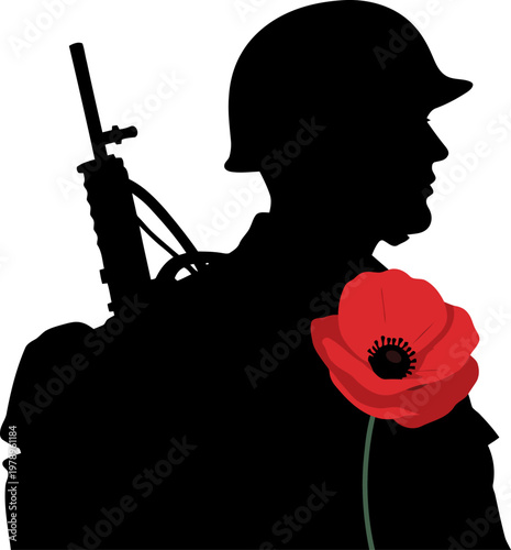 A silhouetted soldier holds a poppy, symbolizing remembrance. Bold graphic design with a dark soldier figure and vibrant red poppy against a muted green background. ?Soldier Poppy: Eternal Memory?