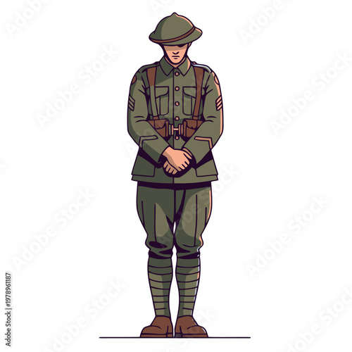 A solemn soldier stands in uniform, embodying silent honor. A vintage illustration style evokes remembrance and respect. Suitable for historical or patriotic themes.
