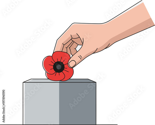 A hand gently places a poppy on a memorial. Simple, symbolic illustration. Remembrance, sacrifice, honoring veterans. Clean, modern design.