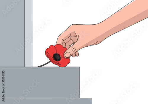 A hand gently places a red poppy on a memorial. ?Hand a poppy, remember sacrifice.? Simple, poignant illustration with a focus on remembrance and respect.
