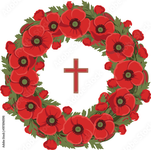 striking wreath cross of red poppies encircles a central cross This vibrant symbolic design offers a powerful visual for remembrance and peace Suitable for memorial religious or patriotic themes