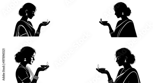 Elegant indian women silhouettes wearing traditional saris while holding glowing oil lamps for the festival of diwali in this minimal vector graphic design collection showcasing cultural celebration a