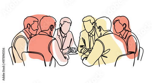Professional business team members sitting together at a table participating in a collaborative meeting captured in a minimalist continuous single line vector graphic illustration style showing cowork