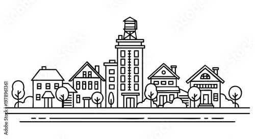 Minimalist vector illustration depicting a charming small town street featuring varied residential houses and a prominent central building with a water tower silhouette created with clean black lines 