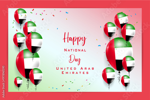 High quality 3D balloon flag card for United Arab Emirates National Day, with bold national colors and festive elements, ideal for patriotic celebrations, events and promotional use.