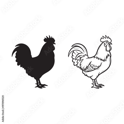 Black and white rooster illustrations on white background