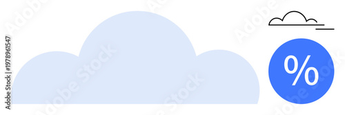 Cloud storage, weather forecasting, data analysis, IT services, cloud computing, climate trends. Blue cloud icon with a percentage symbol. Cloud computing and weather forecasting concept