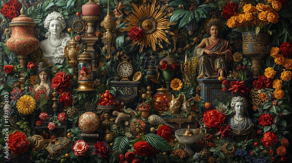 Fototapeta premium A Vibrant Floral Still Life with Classical Statues and Ornate Objects