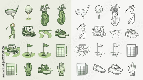 Collection of golf-related icons and illustrations, presented in both color and line art styles, depicting equipment, players, and course elements.