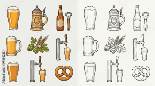 A collection of colorful and monochrome illustrations of beer-related items, including glasses, mugs, steins, bottles, taps, hops, wheat, and pretzels.