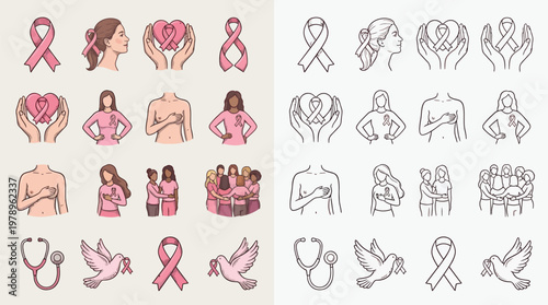 Collection of Breast Cancer Awareness Icons featuring Pink Ribbons, Women, Hands, and Stethoscopes in Color and Outline Styles.