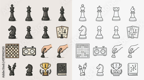 Collection of chess pieces, game board, timer, and strategy diagrams in both colored and outline styles.