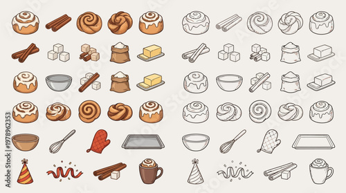 Konstfotografi A collection of colorful and outlined icons representing ingredients and tools for baking cinnamon rolls and other sweet treats