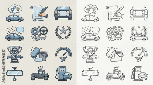 A collection of car-related icons, presented in both full color and outline versions, depicting various aspects of automotive ownership and services.