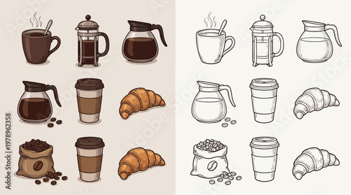 Collection of coffee-related items including cups, carafes, French press, coffee beans, and croissants, presented in both color and line art styles.