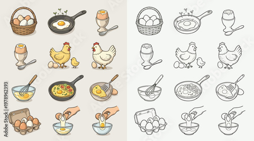 Collection of hand-drawn illustrations depicting various stages of egg preparation and chicken-related imagery.