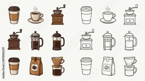 A collection of hand-drawn coffee-related icons, featuring various brewing methods and coffee shop essentials.