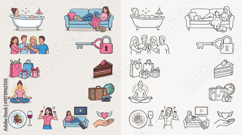 Collection of line art illustrations depicting various lifestyle activities and objects, including relaxation, social gatherings, and leisure pursuits.