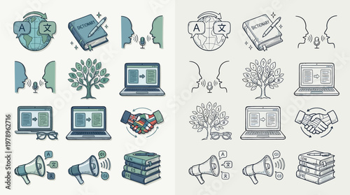 Collection of icons representing translation services, language learning, and communication tools, presented in both color and outline styles.