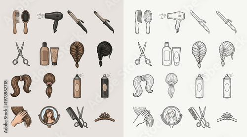 A collection of hand-drawn illustrations depicting various hair styling tools, accessories, and hairstyles, presented in two distinct color palettes.