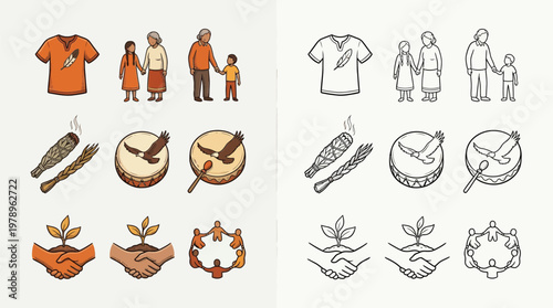 Illustrations depicting Indigenous culture, family, community, and nature, presented in both color and outline versions.