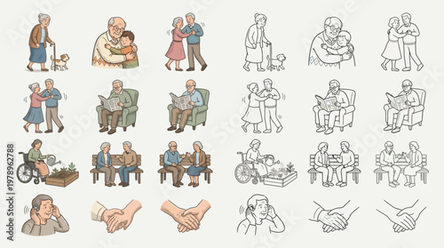 A collection of hand-drawn illustrations depicting various scenes and activities involving elderly people, showcasing their daily lives and interactions.