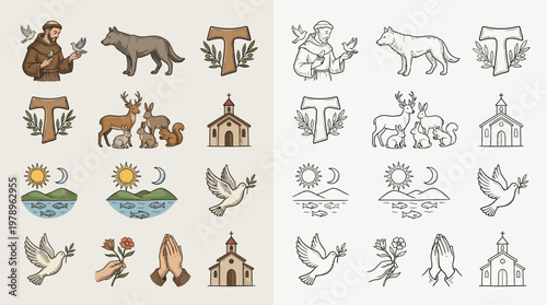 A collection of religious and nature-themed icons, featuring Saint Francis, animals, churches, and natural elements.