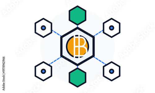 Hand-drawn decentralized blockchain network with central cryptocurrency bitcoin icon connected to various digital data illustration