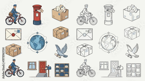 A collection of postal service icons and illustrations, featuring mail carriers, mailboxes, packages, and envelopes.