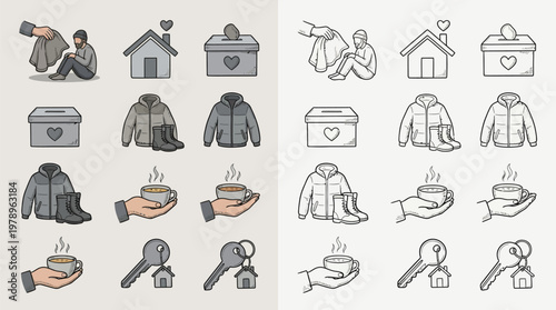 Collection of icons representing charity and support for the needy, including donations, warm clothing, and housing.