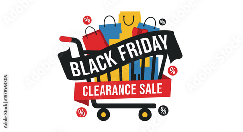 Black Friday clearance sale with shopping cart and shopping bags. The image is an illustration of a shopping cart filled with shopping bags