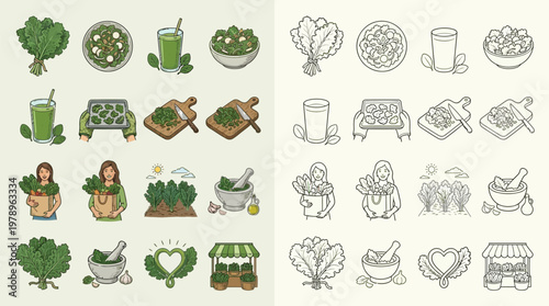 Collection of colorful and monochrome icons representing various aspects of kale and healthy eating, including fresh kale, smoothies, salads, and farming.