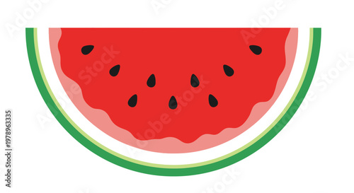 A vibrant illustration of a watermelon slice, showcasing its juicy red flesh and black seeds. The slice is garnished with green rind and a white edge.