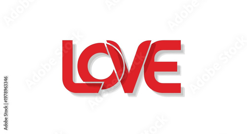 The word LOVE in red capital letters, with a heart shape incorporated into the O and shadow effect. A bold and modern design