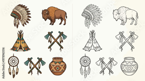 Collection of Native American cultural symbols and elements, including headdresses, tipis, dreamcatchers, axes, pottery, and bison, presented in both color and monochrome versions.