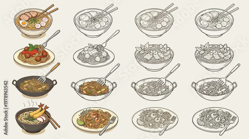 A collection of hand-drawn illustrations depicting various Asian dishes, including noodles, rice bowls, and stir-fries, presented in a grid format.