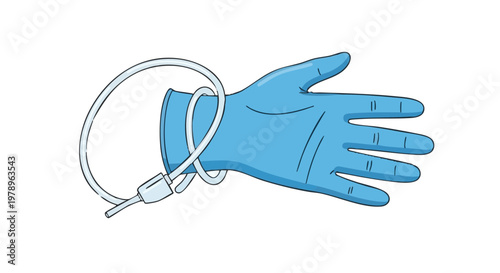 Vector illustration of a hand in a blue medical glove with a catheter tube isolated on white