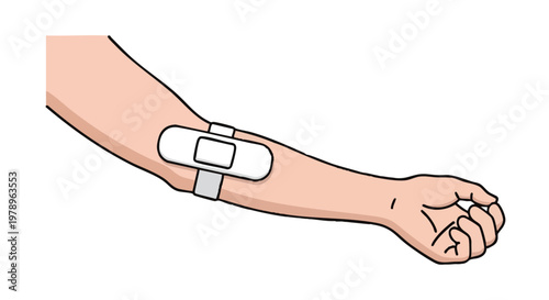 Illustration of a donor arm with a bandage after giving blood. Concept of donation and healthcare