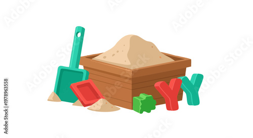 Sandbox with colorful toys, shovel, sand molds, and letters. Childrens playtime and summer fun vector illustration