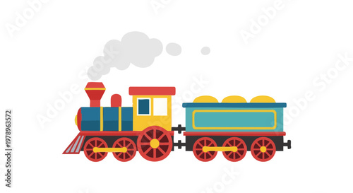 Colorful toy steam train with wagon. Flat vector illustration of a children's locomotive isolated on a white background