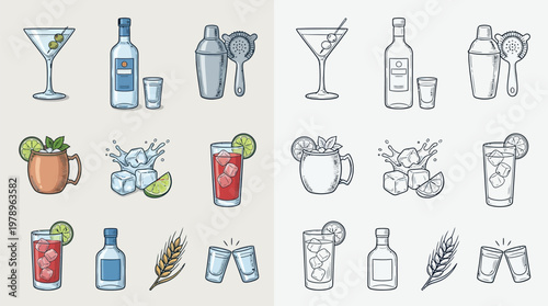 A collection of colorful and monochrome illustrations of various alcoholic beverages, bar tools, and garnishes, presented in a grid layout.