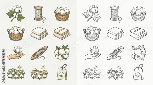 Collection of isometric icons representing the cotton industry, from raw cotton plants to finished textile products.