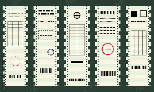 Hand-drawn retro continuous tractor-feed paper computer printout strips featuring barcodes tables and technical schematic illustration