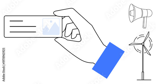 Networking, sustainable energy, branding, marketing, communication, environmental awareness. A hand holding a business card alongside a megaphone and wind turbine icons. Networking and sustainable