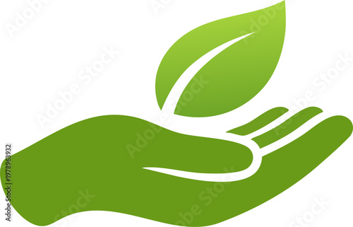 Hand of Protection: A gentle green hand cradles a fresh, vibrant green leaf, symbolizing care, growth, and environmental responsibility. 